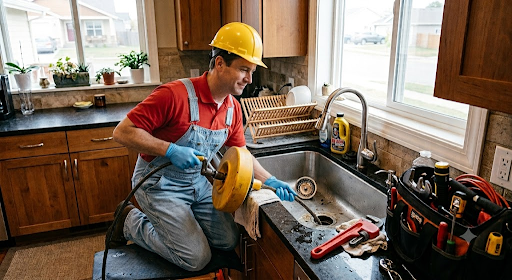 A professional plumber cleaning a kitchen sink drain